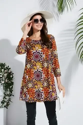 ENMAIN Women's Tops 3/4 Sleeve Dressy Casual Plus Size Tunic Tops to Wear with Leggings Swing Flare T-Shirt Loose Fit Blouses - 5