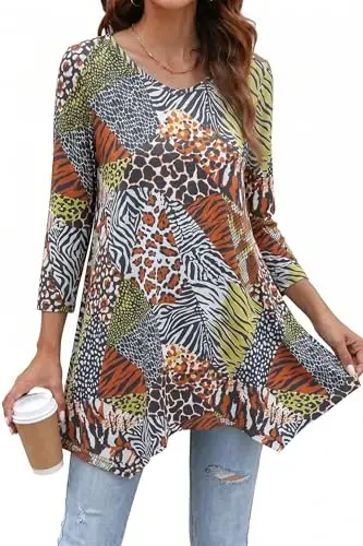 ENMAIN Womens Tops 3/4 Sleeve Tunic Tops Dressy Casual Plus Size Tunic To Wear With Leggings Swing Shirt Loose Fit Blouses 