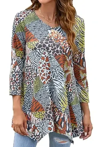 ENMAIN Women's Tops 3/4 Sleeve Dressy Casual Plus Size Tunic Tops to Wear with Leggings Swing Flare T-Shirt Loose Fit Blouses 