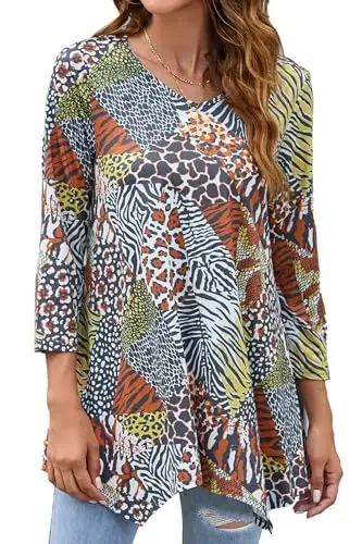 ENMAIN Women's Tops 3/4 Sleeve Dressy Casual Plus Size Tunic Tops to Wear with Leggings Swing Flare T-Shirt Loose Fit Blouses - MODAZONE