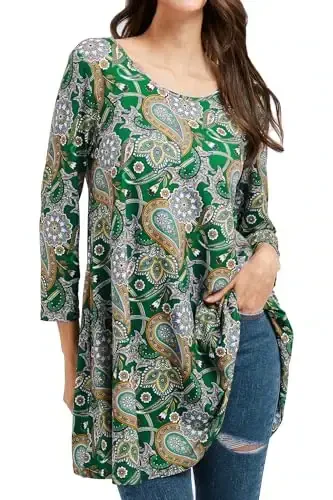 ENMAIN Women's Tops 3/4 Sleeve Dressy Casual Plus Size Tunic Tops to Wear with Leggings Swing Flare T-Shirt Loose Fit Blouses 