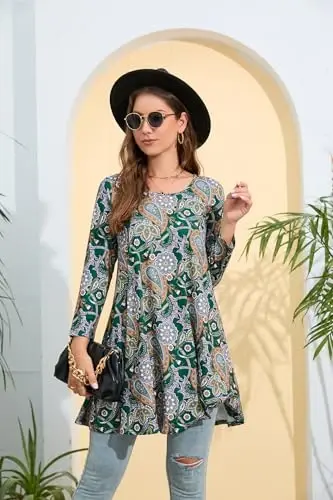 ENMAIN Women's Tops 3/4 Sleeve Dressy Casual Plus Size Tunic Tops to Wear with Leggings Swing Flare T-Shirt Loose Fit Blouses - 3