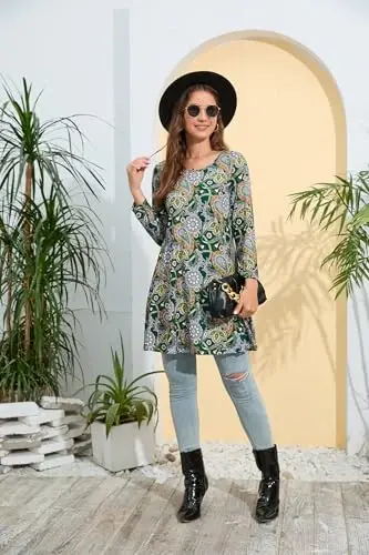 ENMAIN Women's Tops 3/4 Sleeve Dressy Casual Plus Size Tunic Tops to Wear with Leggings Swing Flare T-Shirt Loose Fit Blouses - 4