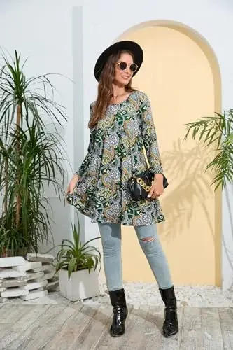 ENMAIN Women's Tops 3/4 Sleeve Dressy Casual Plus Size Tunic Tops to Wear with Leggings Swing Flare T-Shirt Loose Fit Blouses - 5