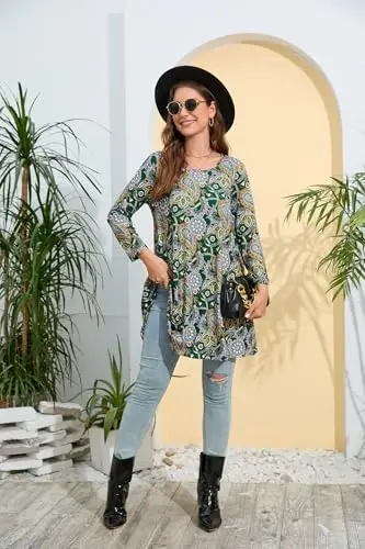 ENMAIN Women's Tops 3/4 Sleeve Dressy Casual Plus Size Tunic Tops to Wear with Leggings Swing Flare T-Shirt Loose Fit Blouses - 6