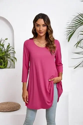 ENMAIN Women's Tops 3/4 Sleeve Dressy Casual Plus Size Tunic Tops to Wear with Leggings Swing Flare T-Shirt Loose Fit Blouses - 3