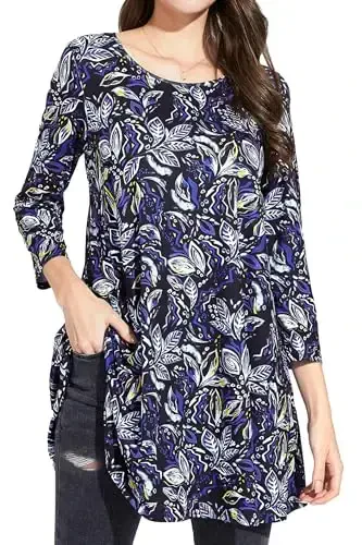 ENMAIN Women's Tops 3/4 Sleeve Dressy Casual Plus Size Tunic Tops to Wear with Leggings Swing Flare T-Shirt Loose Fit Blouses 