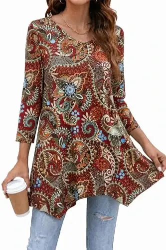 ENMAIN Womens Tops 3/4 Sleeve Tunic Tops Dressy Casual Plus Size Tunic To Wear With Leggings Swing Shirt Loose Fit Blouses 