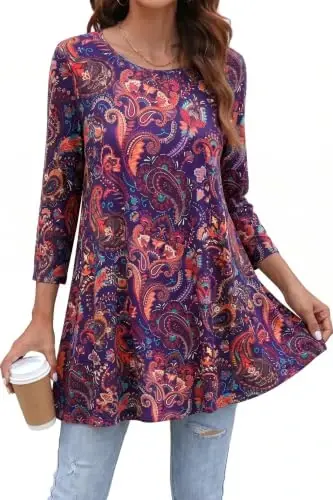 ENMAIN Womens Tops 3/4 Sleeve Tunic Tops Dressy Casual Plus Size Tunic To Wear With Leggings Swing Shirt Loose Fit Blouses 