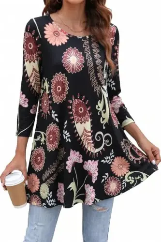 ENMAIN Womens Tops 3/4 Sleeve Tunic Tops Dressy Casual Plus Size Tunic To Wear With Leggings Swing Shirt Loose Fit Blouses 