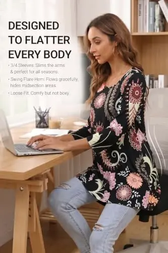 ENMAIN Womens Tops 3/4 Sleeve Tunic Tops Dressy Casual Plus Size Tunic To Wear With Leggings Swing Shirt Loose Fit Blouses - 3