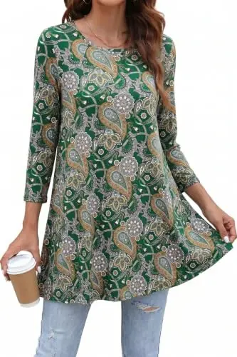 ENMAIN Womens Tops 3/4 Sleeve Tunic Tops Dressy Casual Plus Size Tunic To Wear With Leggings Swing Shirt Loose Fit Blouses 