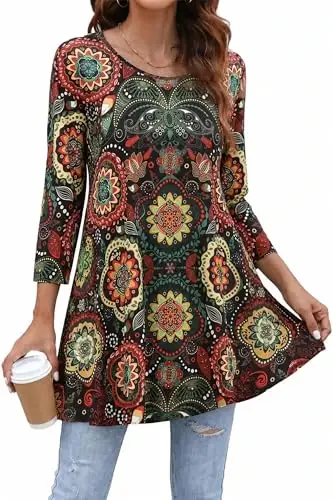ENMAIN Womens Tops 3/4 Sleeve Tunic Tops Dressy Casual Plus Size Tunic To Wear With Leggings Swing Shirt Loose Fit Blouses - ENMAIN