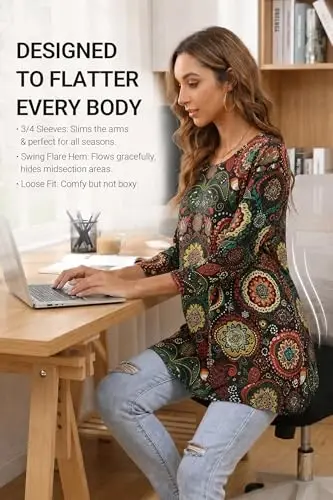 ENMAIN Womens Tops 3/4 Sleeve Tunic Tops Dressy Casual Plus Size Tunic To Wear With Leggings Swing Shirt Loose Fit Blouses - 3