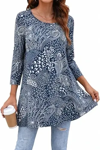 ENMAIN Womens Tops 3/4 Sleeve Tunic Tops Dressy Casual Plus Size Tunic To Wear With Leggings Swing Shirt Loose Fit Blouses 
