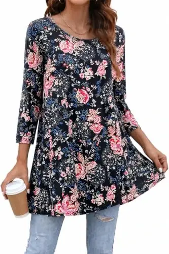 ENMAIN Womens Tops 3/4 Sleeve Tunic Tops Dressy Casual Plus Size Tunic To Wear With Leggings Swing Shirt Loose Fit Blouses 