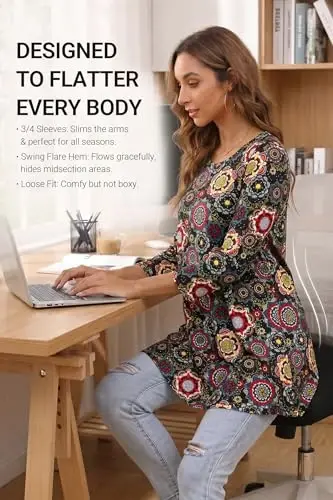 ENMAIN Womens Tops 3/4 Sleeve Tunic Tops Dressy Casual Plus Size Tunic To Wear With Leggings Swing Shirt Loose Fit Blouses - 3