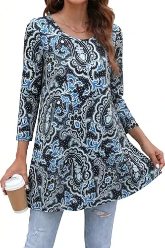 ENMAIN Womens Tops 3/4 Sleeve Tunic Tops Dressy Casual Plus Size Tunic To Wear With Leggings Swing Shirt Loose Fit Blouses 