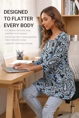 ENMAIN Womens Tops 3/4 Sleeve Tunic Tops Dressy Casual Plus Size Tunic To Wear With Leggings Swing Shirt Loose Fit Blouses - 3
