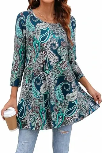 ENMAIN Womens Tops 3/4 Sleeve Tunic Tops Dressy Casual Plus Size Tunic To Wear With Leggings Swing Shirt Loose Fit Blouses 