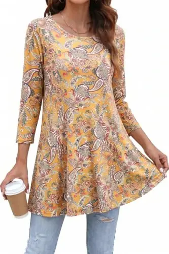 ENMAIN Womens Tops 3/4 Sleeve Tunic Tops Dressy Casual Plus Size Tunic To Wear With Leggings Swing Shirt Loose Fit Blouses 