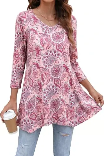 ENMAIN Womens Tops 3/4 Sleeve Tunic Tops Dressy Casual Plus Size Tunic To Wear With Leggings Swing Shirt Loose Fit Blouses 