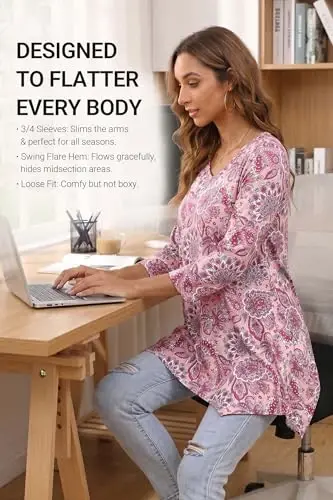 ENMAIN Womens Tops 3/4 Sleeve Tunic Tops Dressy Casual Plus Size Tunic To Wear With Leggings Swing Shirt Loose Fit Blouses - 3