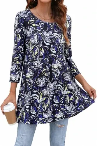 ENMAIN Womens Tops 3/4 Sleeve Tunic Tops Dressy Casual Plus Size Tunic To Wear With Leggings Swing Shirt Loose Fit Blouses 