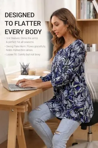 ENMAIN Womens Tops 3/4 Sleeve Tunic Tops Dressy Casual Plus Size Tunic To Wear With Leggings Swing Shirt Loose Fit Blouses - 3