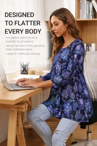 ENMAIN Womens Tops 3/4 Sleeve Tunic Tops Dressy Casual Plus Size Tunic To Wear With Leggings Swing Shirt Loose Fit Blouses - 3