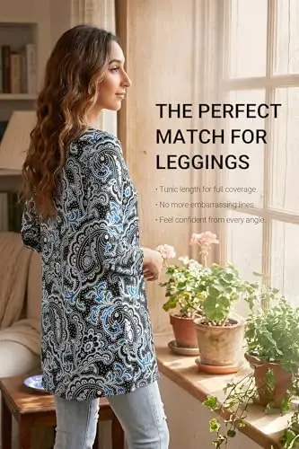 ENMAIN Kadın Üstleri 3/4 Kollu Tunik Üstler Şık Günlük Büyük Beden Taytlarla Giyilecek Tunik Salaş Kesim Bol Bluzlar - 2