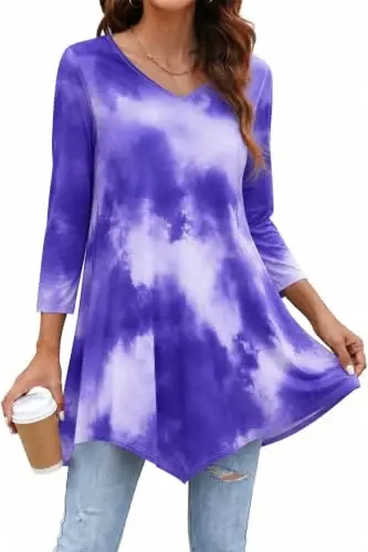 ENMAIN Womens Tops 3/4 Sleeve Tunic Tops Dressy Casual Plus Size Tunic To Wear With Leggings Swing Shirt Loose Fit Blouses 