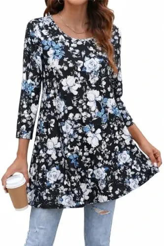 ENMAIN Womens Tops 3/4 Sleeve Tunic Tops Dressy Casual Plus Size Tunic To Wear With Leggings Swing Shirt Loose Fit Blouses 