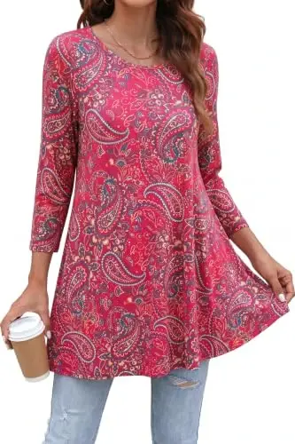 ENMAIN Womens Tops 3/4 Sleeve Tunic Tops Dressy Casual Plus Size Tunic To Wear With Leggings Swing Shirt Loose Fit Blouses 
