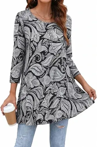 ENMAIN Womens Tops 3/4 Sleeve Tunic Tops Dressy Casual Plus Size Tunic To Wear With Leggings Swing Shirt Loose Fit Blouses 