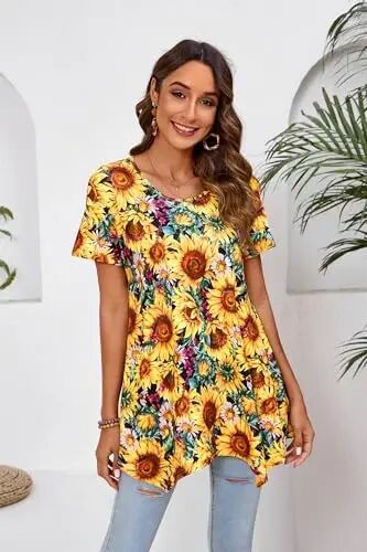 ENMAIN Tunic Tops for Women Plus Size Short Sleeve Top Loose Fit Dressy Casual Swing Summer Tunics Tops to Wear with Leggings - 2