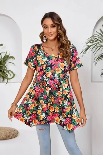 ENMAIN Tunic Tops for Women Plus Size Short Sleeve Top Loose Fit Dressy Casual Swing Summer Tunics Tops to Wear with Leggings - 2