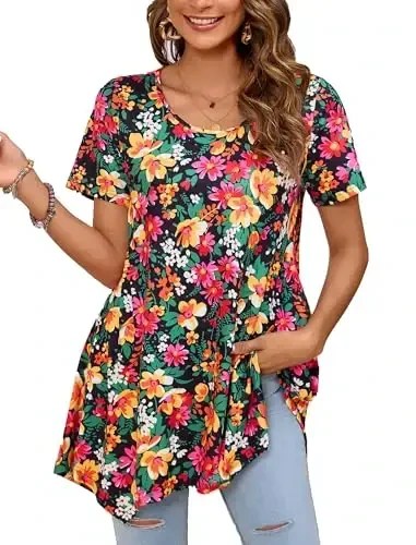 ENMAIN Tunic Tops for Women Plus Size Short Sleeve Top Loose Fit Dressy Casual Swing Summer Tunics Tops to Wear with Leggings 