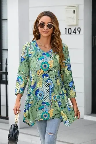 ENMAIN Tunic Tops for Women 3/4 Sleeve Plus Size Women's Tunics Loose Fit Floral Swing Flare Ladies Blouse for Leggings - 5