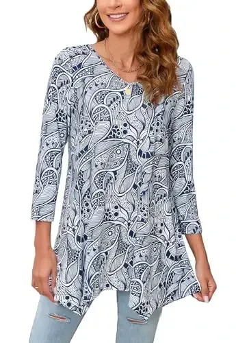 ENMAIN Tunic Tops for Women 3/4 Sleeve Plus Size Women's Tunics Loose Fit Floral Swing Flare Ladies Blouse for Leggings 