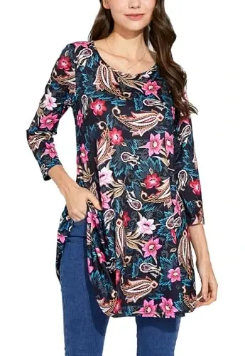 ENMAIN Tunic Tops for Women 3/4 Sleeve Plus Size Women's Tunics Loose Fit Floral Swing Flare Ladies Blouse for Leggings - ENMAIN