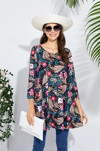 ENMAIN Tunic Tops for Women 3/4 Sleeve Plus Size Women's Tunics Loose Fit Floral Swing Flare Ladies Blouse for Leggings - 6