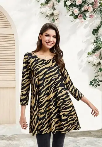 ENMAIN Tunic Tops for Women 3/4 Sleeve Plus Size Women's Tunics Loose Fit Floral Swing Flare Ladies Blouse for Leggings - 3