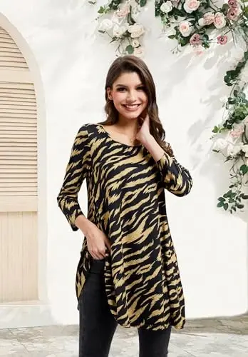 ENMAIN Tunic Tops for Women 3/4 Sleeve Plus Size Women's Tunics Loose Fit Floral Swing Flare Ladies Blouse for Leggings - 5