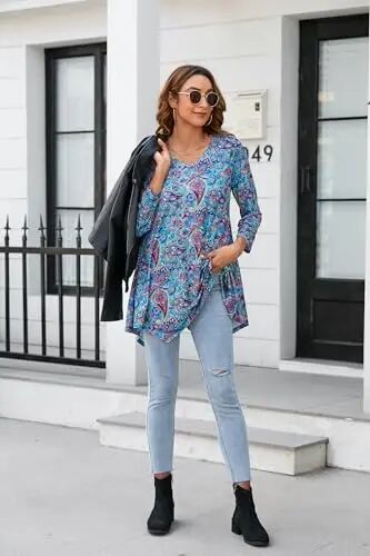 ENMAIN Tunic Tops for Women 3/4 Sleeve Plus Size Women's Tunics Loose Fit Floral Swing Flare Ladies Blouse for Leggings 