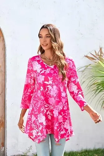 ENMAIN Tunic Tops for Women 3/4 Sleeve Plus Size Women's Tunics Loose Fit Floral Swing Flare Ladies Blouse for Leggings - 2