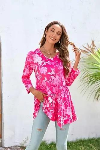 ENMAIN Tunic Tops for Women 3/4 Sleeve Plus Size Women's Tunics Loose Fit Floral Swing Flare Ladies Blouse for Leggings - 4