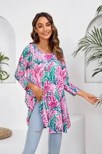 ENMAIN Tunic Tops for Women 3/4 Sleeve Plus Size Women's Tunics Loose Fit Floral Swing Flare Ladies Blouse for Leggings - 5