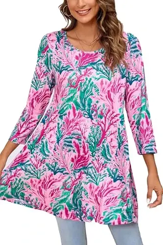 ENMAIN Tunic Tops for Women 3/4 Sleeve Plus Size Women's Tunics Loose Fit Floral Swing Flare Ladies Blouse for Leggings 