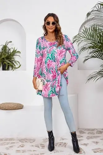 ENMAIN Tunic Tops for Women 3/4 Sleeve Plus Size Women's Tunics Loose Fit Floral Swing Flare Ladies Blouse for Leggings - 6